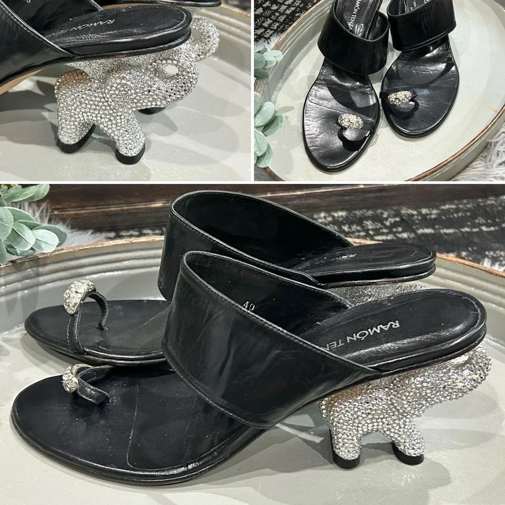 Ramon Tenza Black Heel W/Swarovski Crystal‎ Embellished Elephant Heel SZ 40 RARE